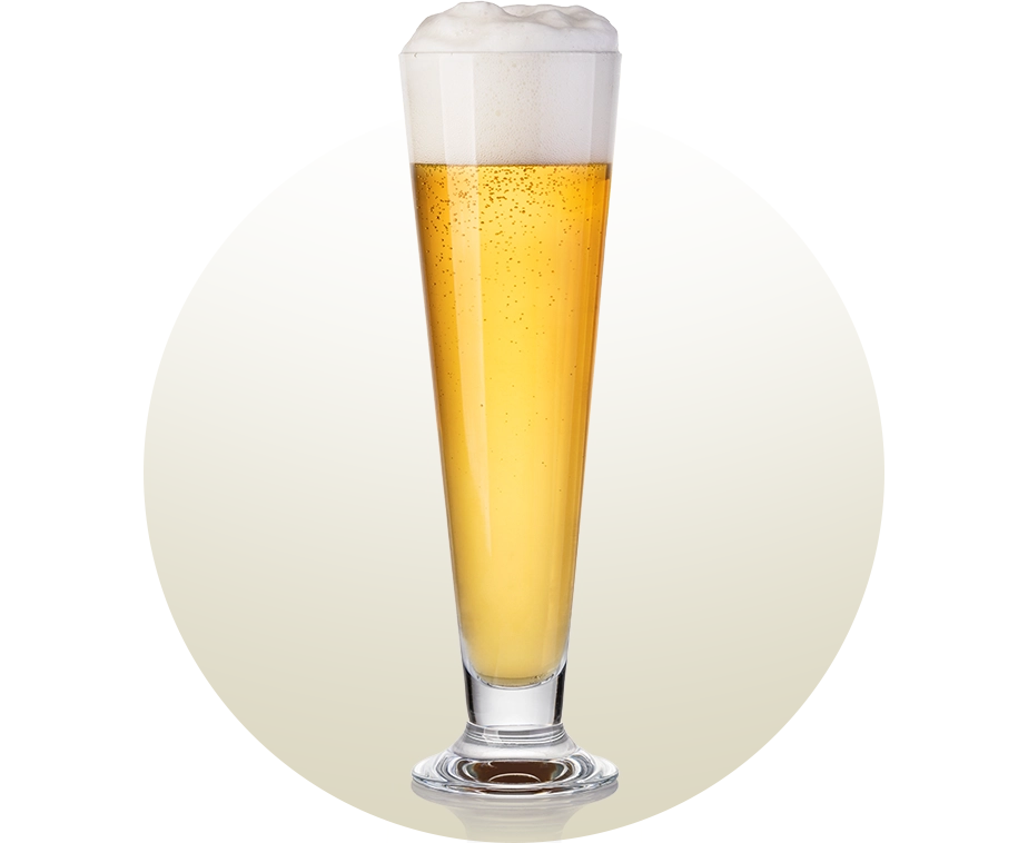 Beer glass of the Pilsner type, tall and slender, with a wider top and a tapered body, ideal for highlighting the golden color and carbonation of light, clear beers.