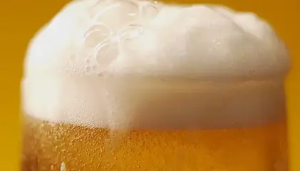 Extreme close-up of thick white foam on top of a golden beer, with visible bubbles.