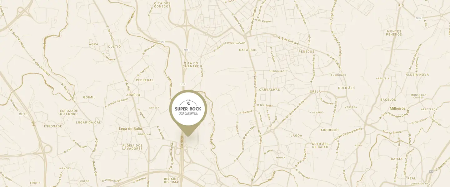 Imagem de um mapa com a localização da "Casa da Cerveja" destacada sobre um fundo neutro