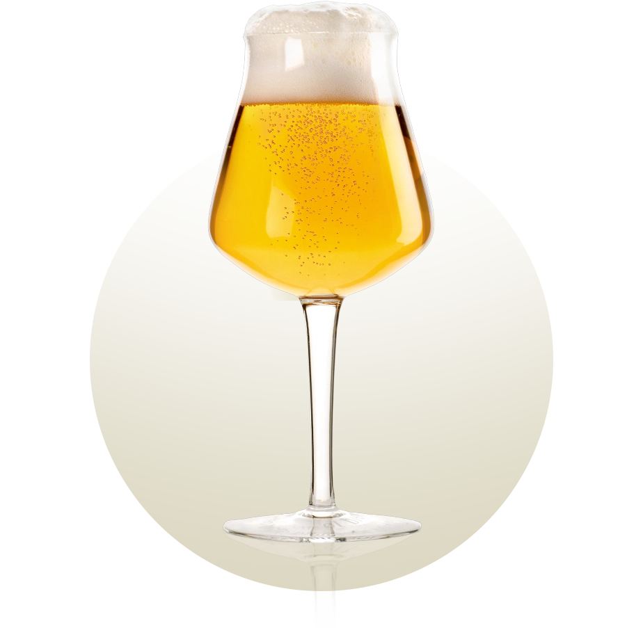 Beer glass of the Teku type, featuring a modern design with an angled bowl and long stem, ideal for concentrating aromas and showcasing the appearance and flavor of craft beers of various styles.